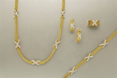 Lot 1140 - Two-Color Gold and Diamond, Necklace, Bracelet, Pair of Earrings and Ring
