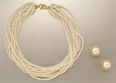 Lot 1148 - Ten Strand Biwa Pearl and Gold Torsade Necklace and Pair of Mabe Pearl and Diamond Earclips