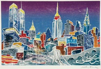 Lot 4204 - William Evaul NEW YORK SKYLINE Color woodcut,...