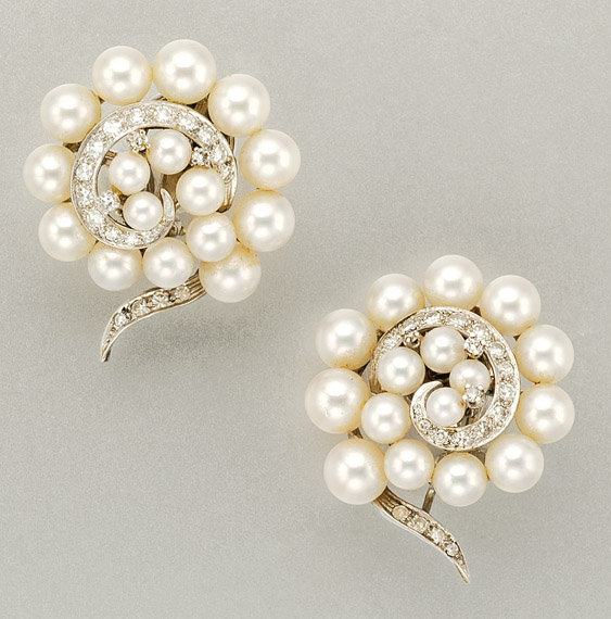 Lot 1192 - Pair of Cultured Pearl and Diamond Earclips