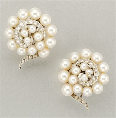 Lot 1192 - Pair of Cultured Pearl and Diamond Earclips