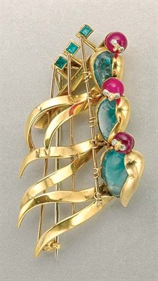 Lot 1439 - Gold, Cabochon Emerald, Ruby Bead and Diamond Clip Brooch