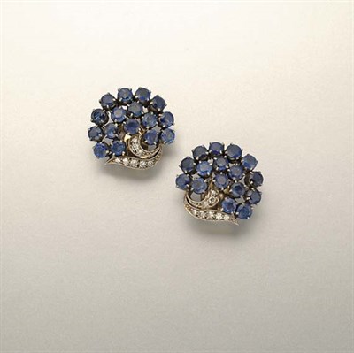 Lot 1135 - Pair of Sapphire and Diamond Earclips