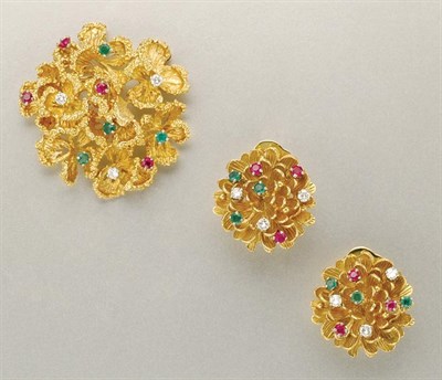 Lot 1101 - Gold, Diamond and Gem-Set Brooch and Pair of Earclips