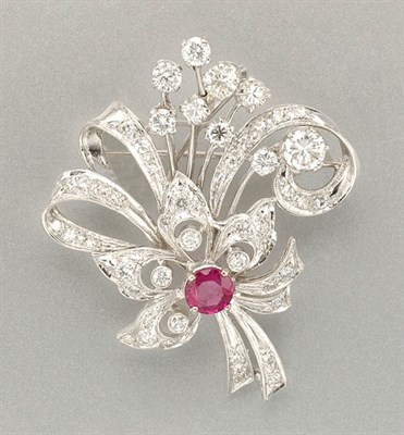Lot 1193 - Diamond and Ruby Bow Pin