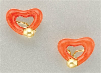 Lot 1199 - Pair of Coral Heart Earclips