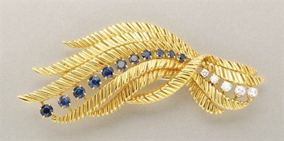 Lot 1111 - Gold, Sapphire and Diamond Leaf Brooch