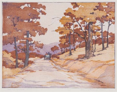 Lot 4248 - Norma Bassett Hall AUTUMN ROAD Color woodcut,...
