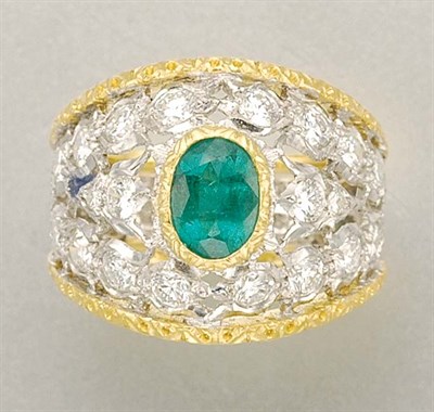 Lot 1441 - Two-Color Gold, Emerald and Diamond Ring