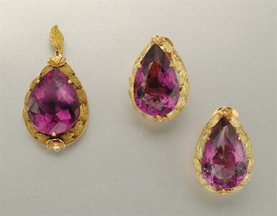 Lot 1231 - Pair of Two-Color Gold and Amethyst Earrings and Pendant