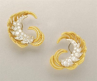 Lot 1141 - Pair of Two-Color Gold and Diamond Feather Earclips