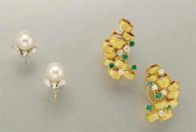 Lot 1142 - Pair of Gold, Emerald and Diamond Earclips and Cultured Pearl and Diamond Earclips