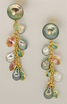 Lot 1317 - Pair of Gray and Black Baroque Black Cultured Pearl, Diamond and Pink and Green Tourmaline Earclips