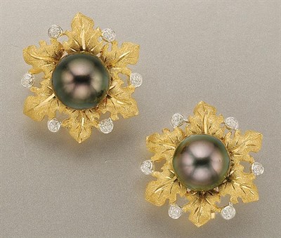 Lot 1169 - Pair of Gold, Black Cultured Pearl and Diamond Earclips