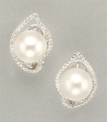 Lot 1223 - Pair of Cultured Pearl and Diamond Earrings