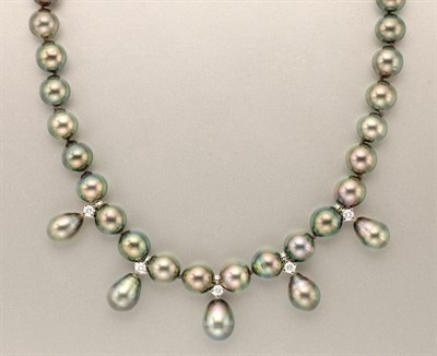 Lot 1318 - Black Cultured Pearl and Diamond Necklace