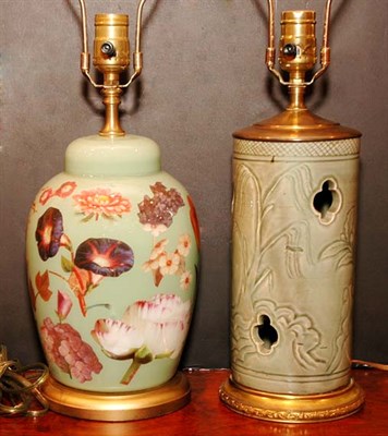 Lot 376 - Two Asian Style Green Ceramic Lamps