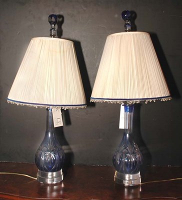 Lot 380 - Pair of Blue Cut to Clear Glass Lamps Height...