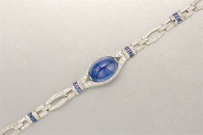 Lot 1478 - Art Deco Platinum, Cabochon Sapphire, Sapphire and Diamond Bracelet