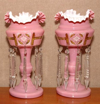 Lot 467 - Pair of Pink Glass Lustres Height 13 1/2 inches.