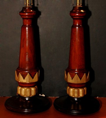 Lot 579 - Pair of Parcel Gilt Mahogany Two-Light Lamps...
