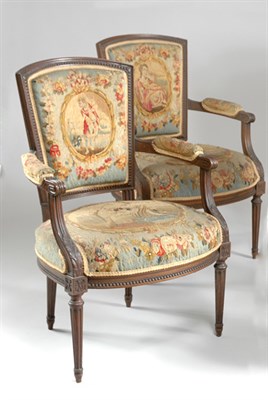 Lot 589 - Pair of Louis XVI Style Beechwood Fauteuils...