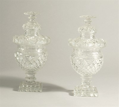 Lot 417 - Pair of Anglo-Irish Cut Glass Covered Urns...