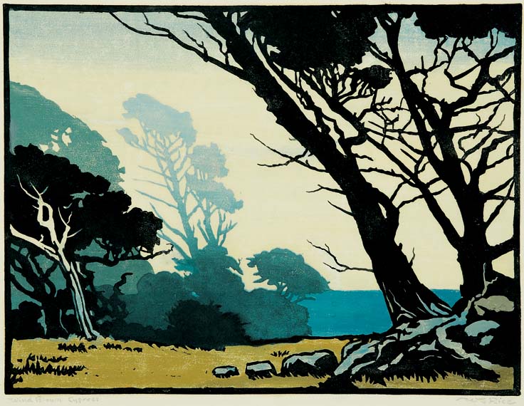 Lot 87 - William Rice WIND BLOWN CYPRESS Color woodcut,...
