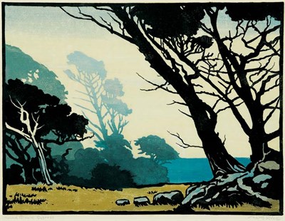 Lot 87 - William Rice WIND BLOWN CYPRESS Color woodcut,...