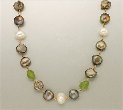 Lot 1228 - Black and White Baroque Cultured Pearl and Tumbled Peridot Bead Chain Necklace