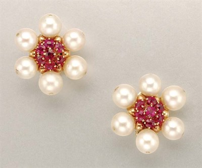 Lot 1229 - Pair of Cultured Pearl and Ruby Earclips