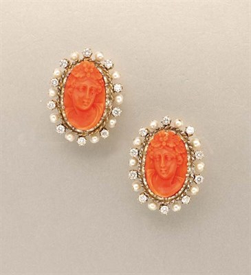 Lot 1268 - Pair of Coral Cameo, Seed Pearl and Diamond Earclips