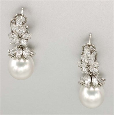 Lot 1453 - Pair of Diamond and Cultured Pearl Pendant Earrings
