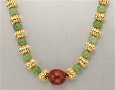 Lot 1288 - Gold, Serpentine and Jasper Bead Necklace