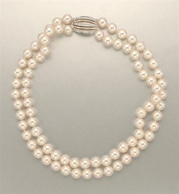 Lot 1290 - Double Strand Cultured Pearl Necklace with Diamond Clasp