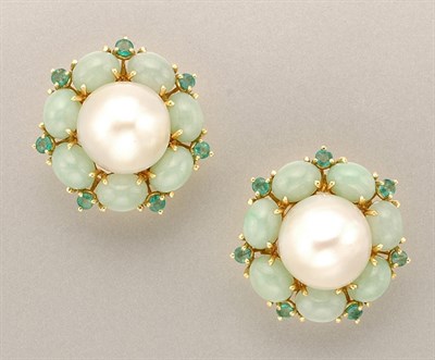 Lot 1412 - Pair of Cultured Pearl, Jade and Emerald Earclips