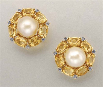 Lot 1414 - Pair of Three-Quarter Cultured Pearl, Citrine and Sapphire Earclips