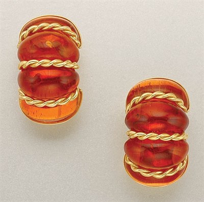 Lot 1375 - Pair of Gold and Amber Earclips