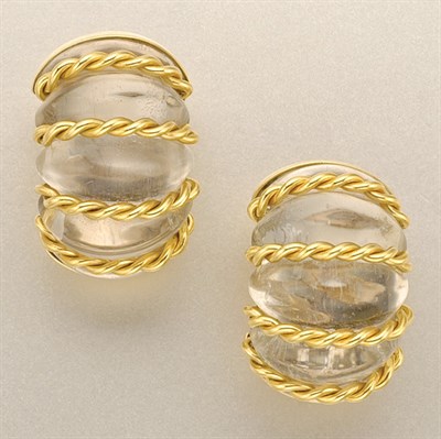 Lot 1376 - Pair of Gold and Rock Crystal Earclips