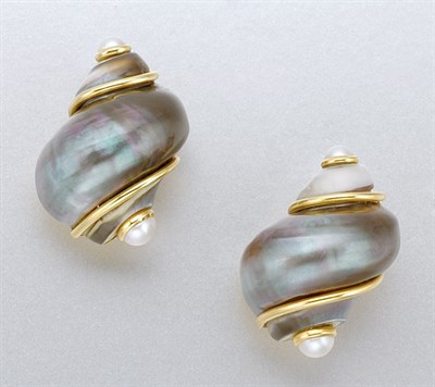 Lot 1384 - Pair of Gold, Shell and Split Pearl Earclips
