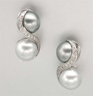 Lot 1385 - Pair of Gray and Silver Cultured Pearl and Diamond Earclips