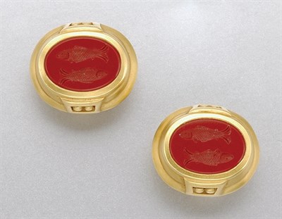 Lot 1381 - Pair of Gold and Carnelian Intaglio Earclips