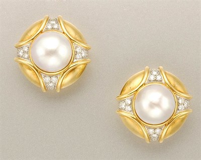 Lot 1418 - Pair of Gold, Mabe Pearl and Diamond Earclips