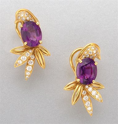 Lot 1407 - Pair of Amethyst and Diamond Earclips