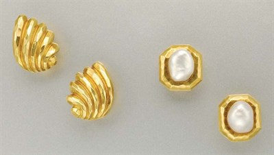 Lot 1291 - Pair of Gold Earclips and Baroque Cultured Pearl Earclips