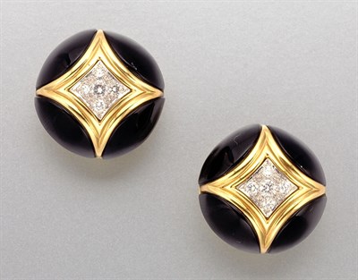 Lot 1409 - Pair of Black Onyx and Diamond Earclips