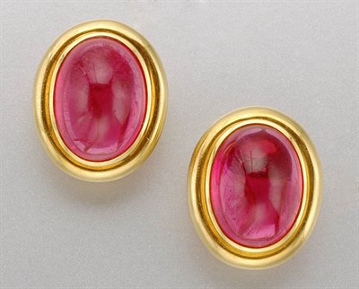 Lot 1391 - Pair of Gold and Cabochon Rubellite Earclips