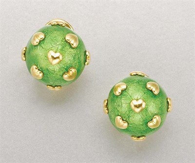 Lot 1373 - Pair of Gold and Green Enamel Earclips