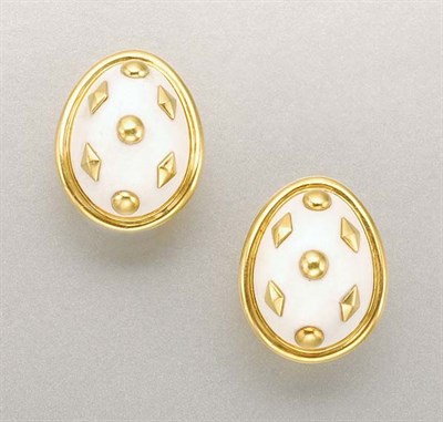 Lot 1374 - Pair of Gold and White Enamel Earclips