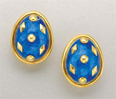 Lot 1372 - Pair of Gold and Blue Enamel Earclips